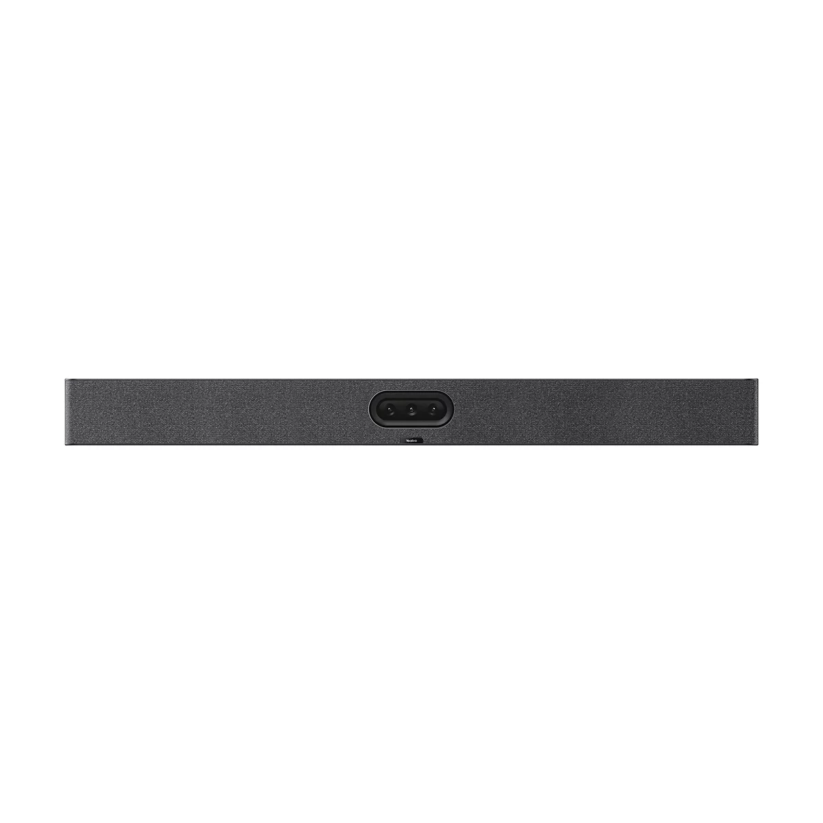 Dunkelgraue Videokonferenz-Soundbar mit drei Objektiven und Yealink-Logo, vor weißem Hintergrund.