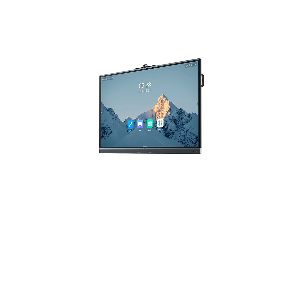 Ein Yealink MeetingBoard mit Berg-Hintergrundbild, Uhrzeit 09:28 und App-Icons auf weißem Hintergrund.