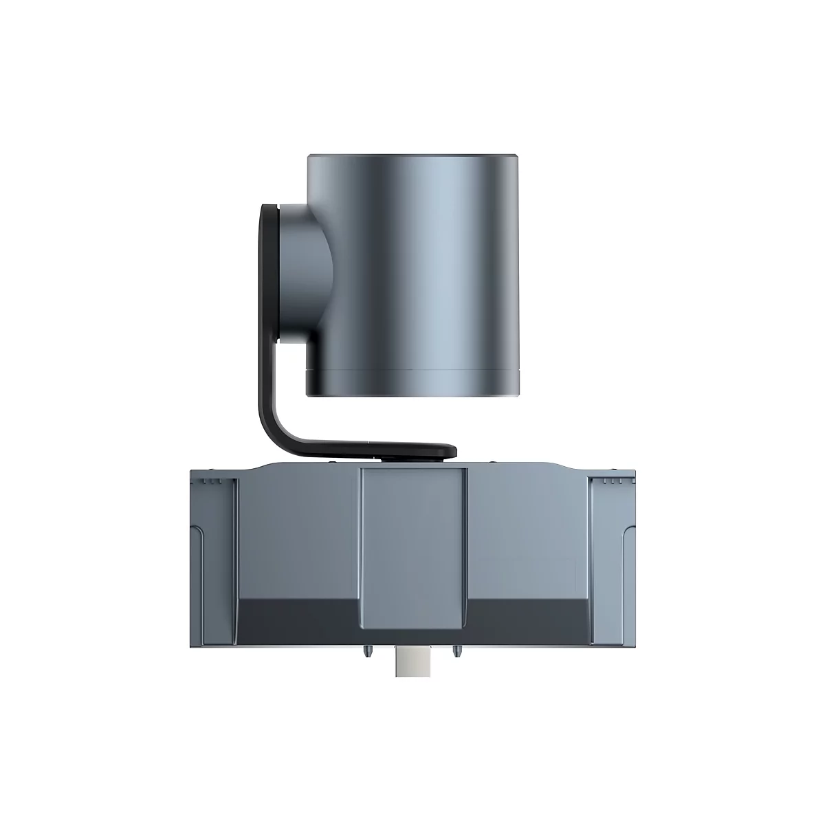 Webcam grise avec une tête cylindrique montée sur une base rectangulaire. Sur fond blanc.