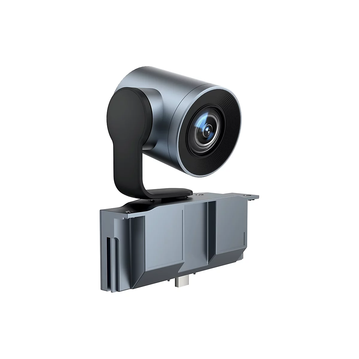 Une caméra vidéo grise et noire avec lentille et support, sur fond blanc.