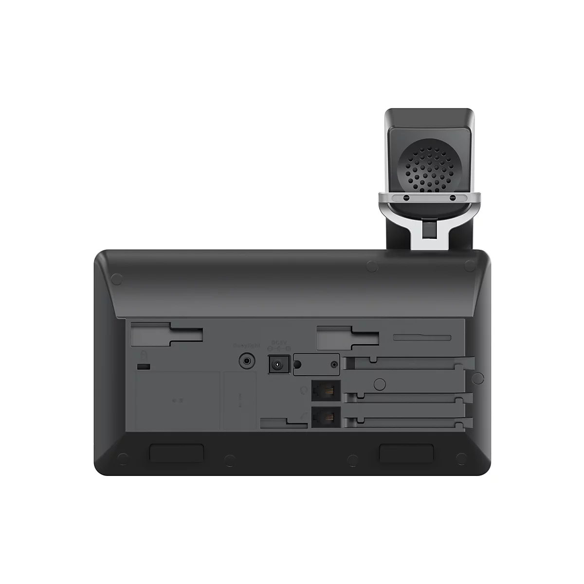 Draufsicht auf ein schwarzes Telefon mit einem Mikrofon auf weißem Hintergrund. Auf der Rückseite sind Anschlüsse und Beschriftungen zu sehen.