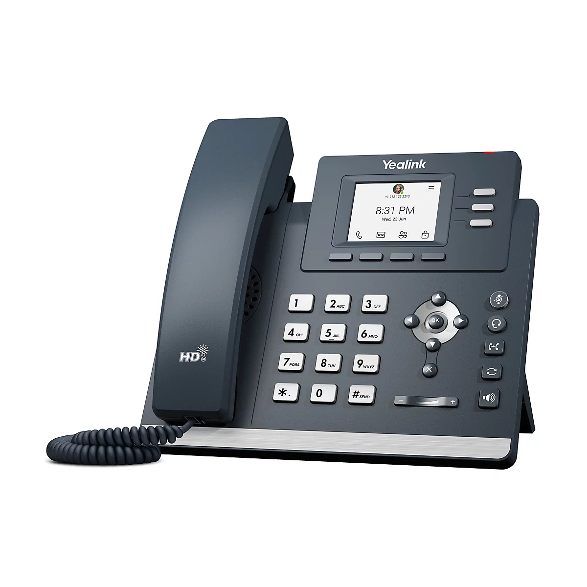 Dunkelgraues Yealink IP-Telefon mit Display, Hörerschnur und Tastenfeld auf weißem Hintergrund.