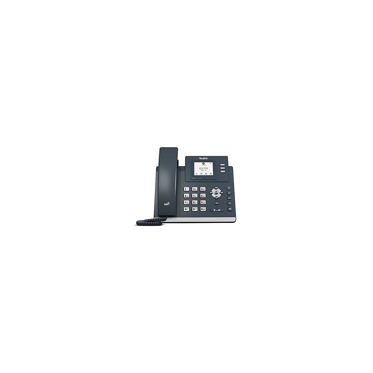 Dunkelgraues Yealink IP-Telefon mit Display, Ziffernblock und Hörer vor weißem Hintergrund.