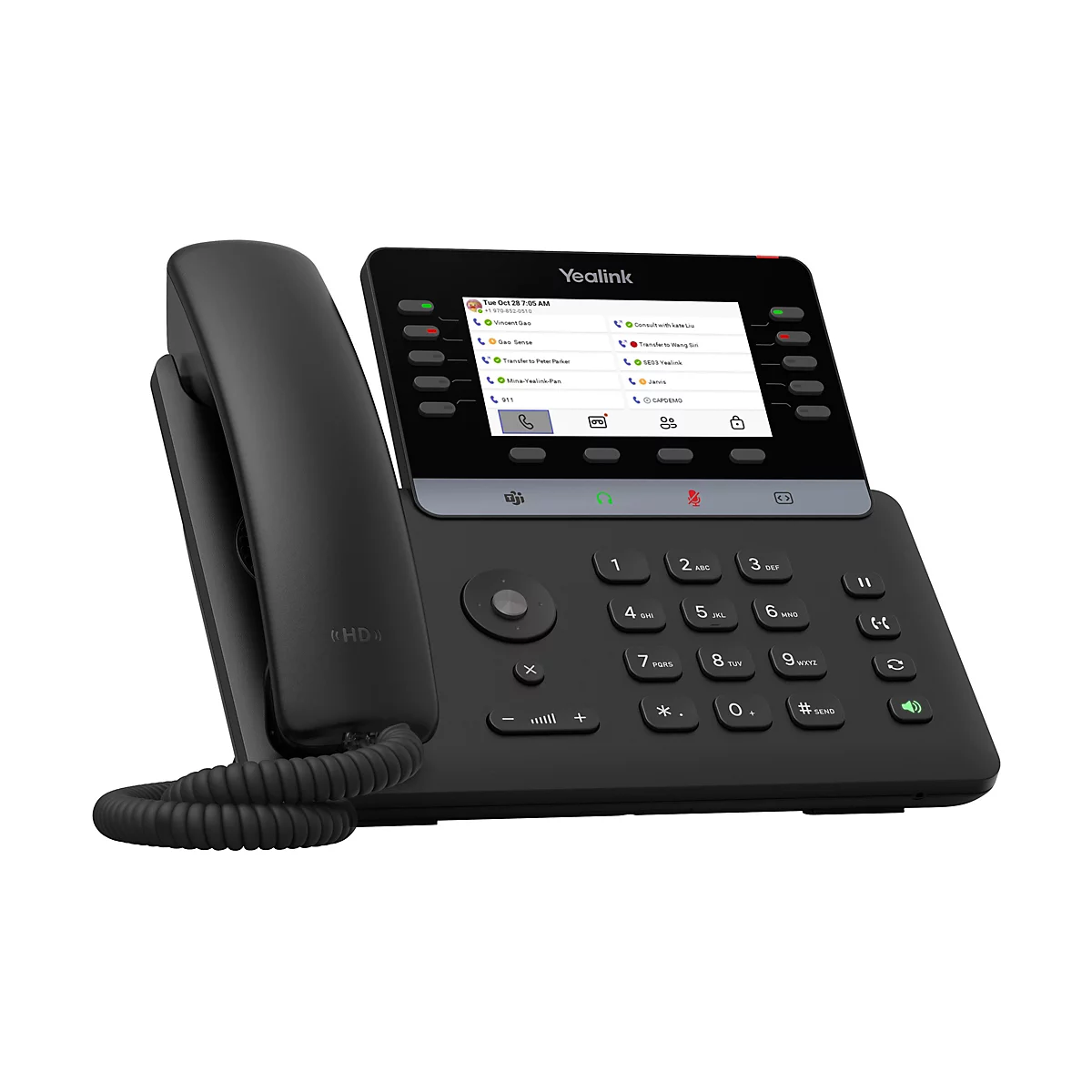 Schwarzes Yealink IP-Telefon mit Touchscreen-Display, Tastenfeld und abgenommenem Hörer.