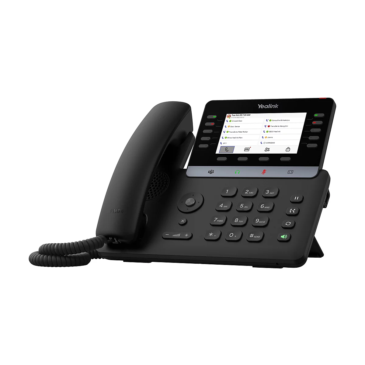 Schwarzes Yealink IP-Tischtelefon mit Farbdisplay, Tastatur und Hörer vor weißem Hintergrund.
