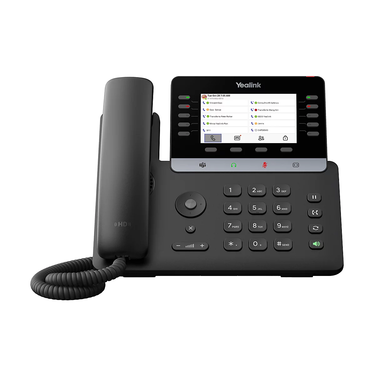 Schwarzes Yealink IP-Tischtelefon mit Farbdisplay und HD-Hörer vor neutralem Hintergrund.