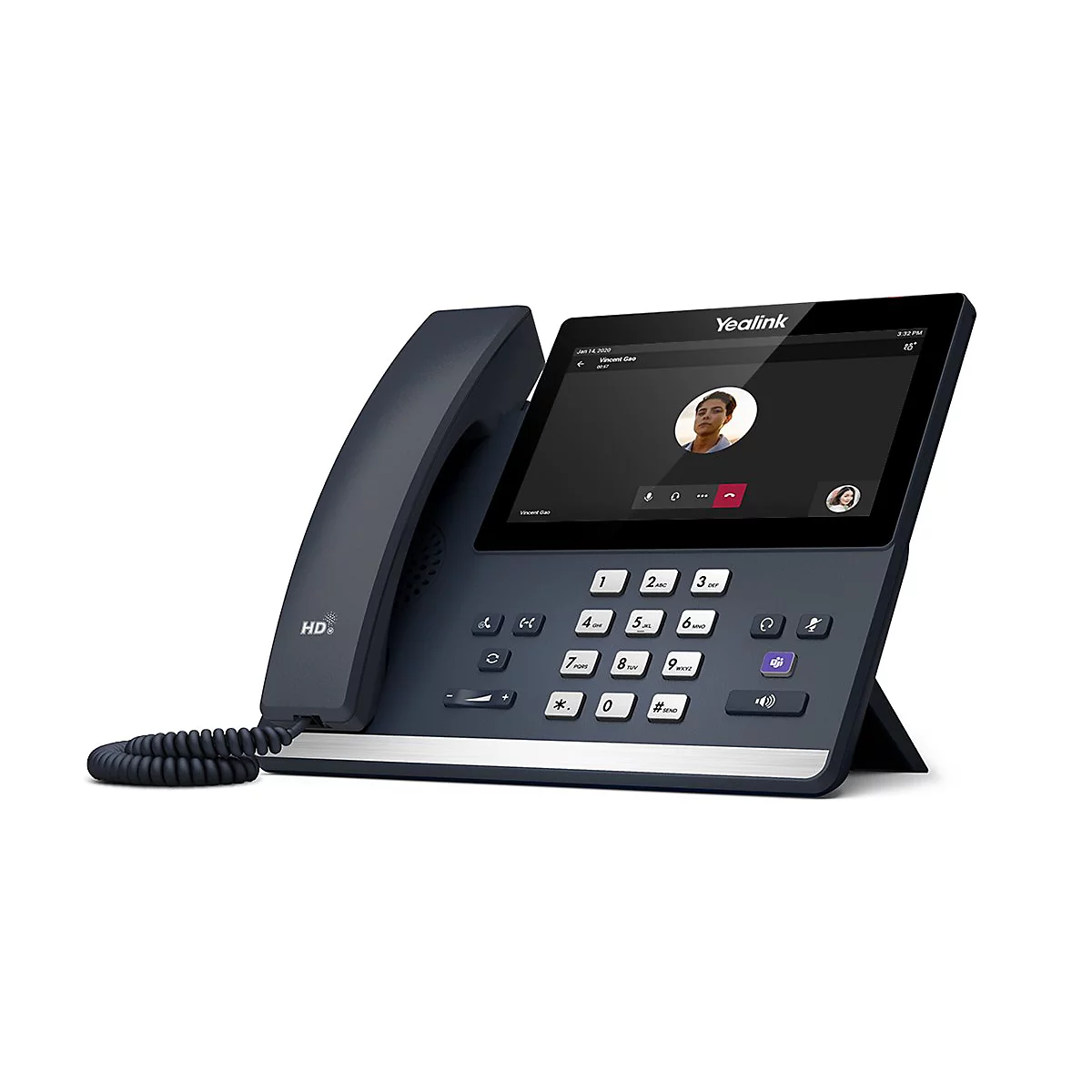 Dunkelgraues Yealink-Tischtelefon mit großem Bildschirm, darauf ein Videoanruf. Tastatur und Hörer sind sichtbar.