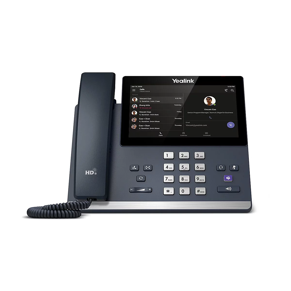Dunkelgraues Yealink-Telefon, Detailansicht. Auf dem Display werden Anruflisten angezeigt; im Telefonhörer ist "HD" sichtbar.
