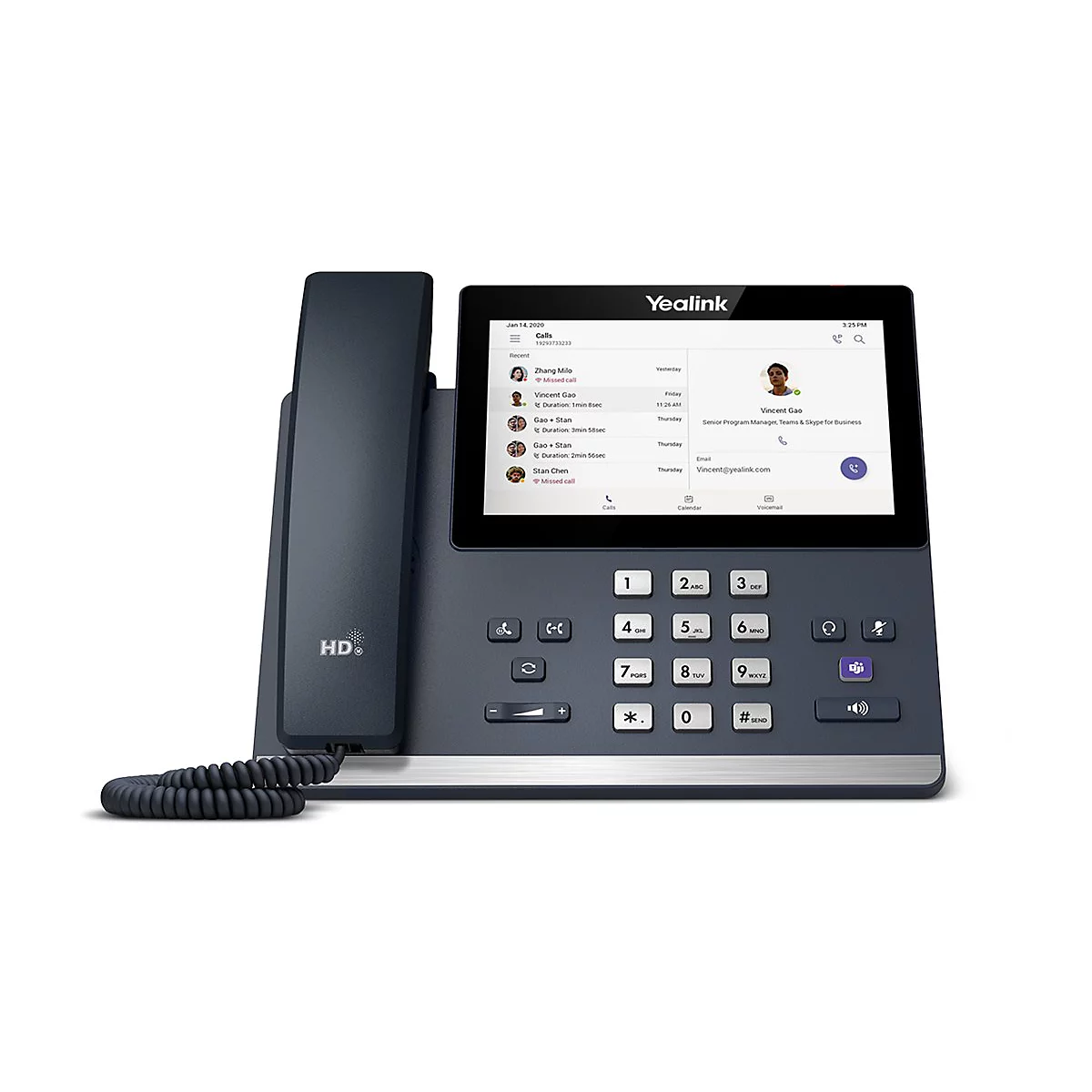 Dunkelgraues Yealink-Telefon mit Bildschirm und Tastatur. Auf dem Display werden Anrufdetails angezeigt.