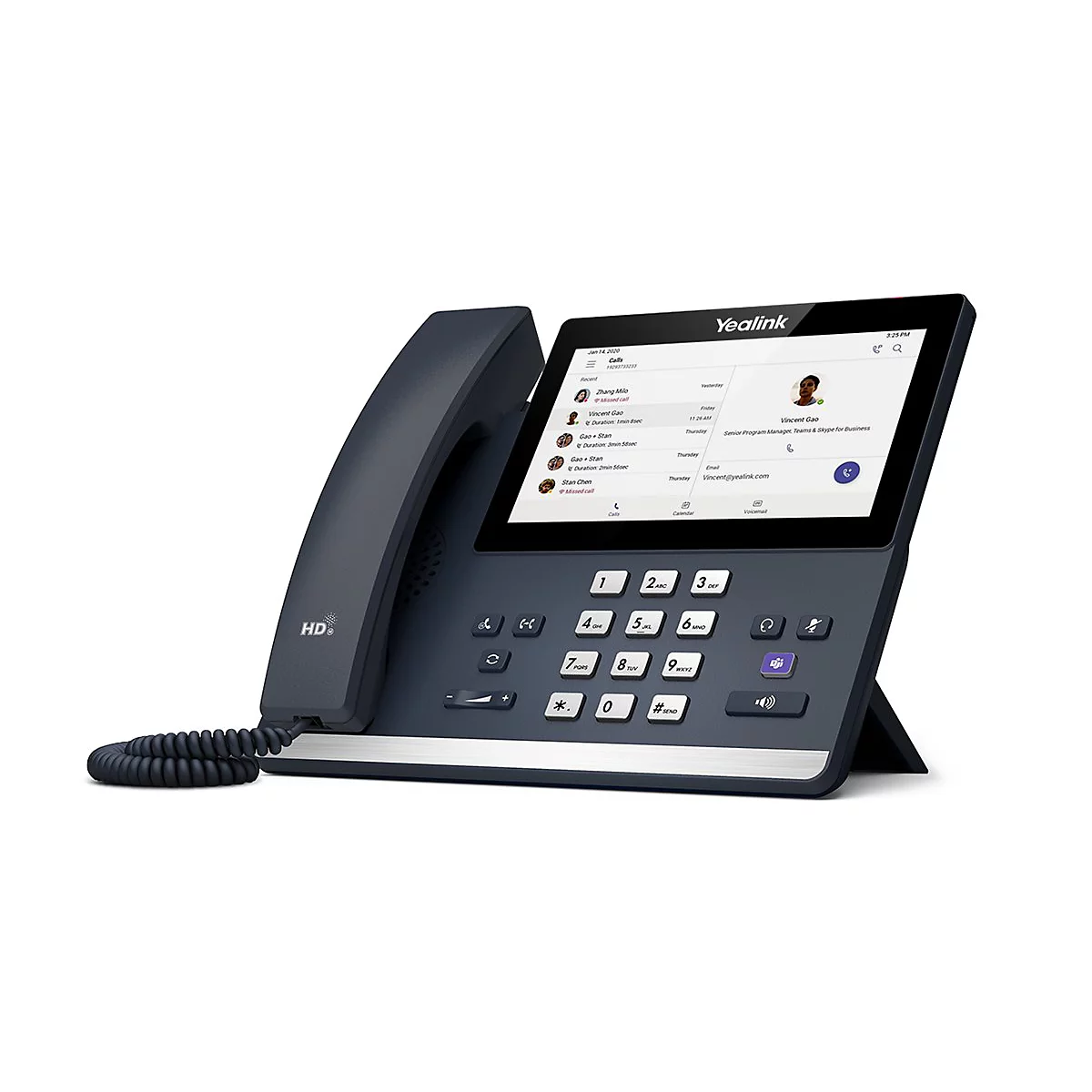 Dunkelgraues Yealink-Telefon mit Touchscreen. Auf dem Display werden Anruflisten und Kontaktinformationen angezeigt. Das Telefon steht auf einem weißen Hintergrund.