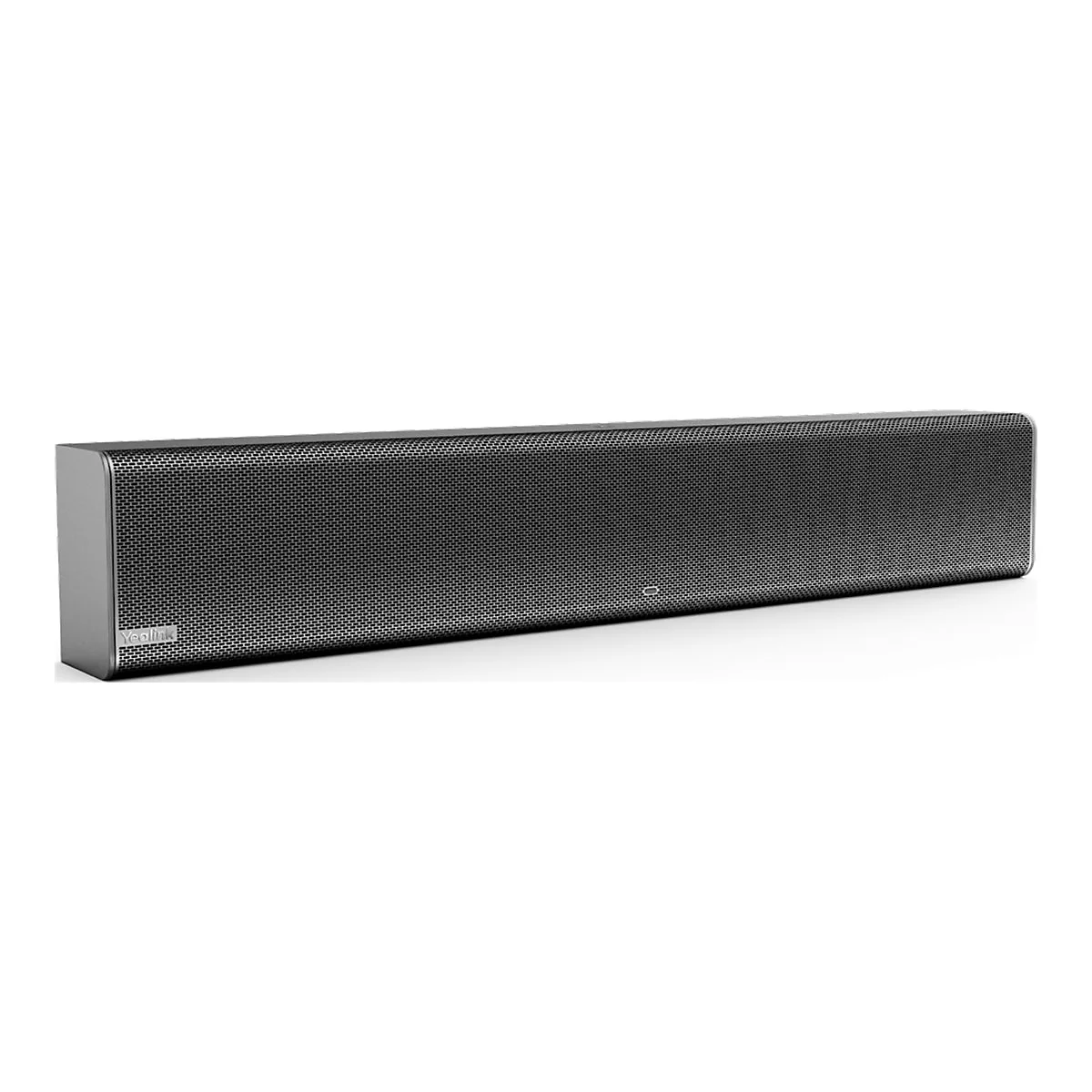 Ein schwarzer Soundbar mit einem Gittermuster. Auf der linken Seite steht "Yealink". Auf weißem Hintergrund.