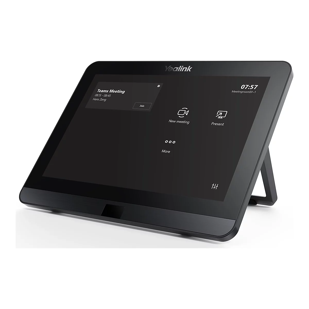 Ein schwarzes Yealink-Konferenzgerät mit Touchscreen. Auf dem Bildschirm sind Informationen zu einem laufenden Meeting und Optionen für neue Meetings zu sehen.