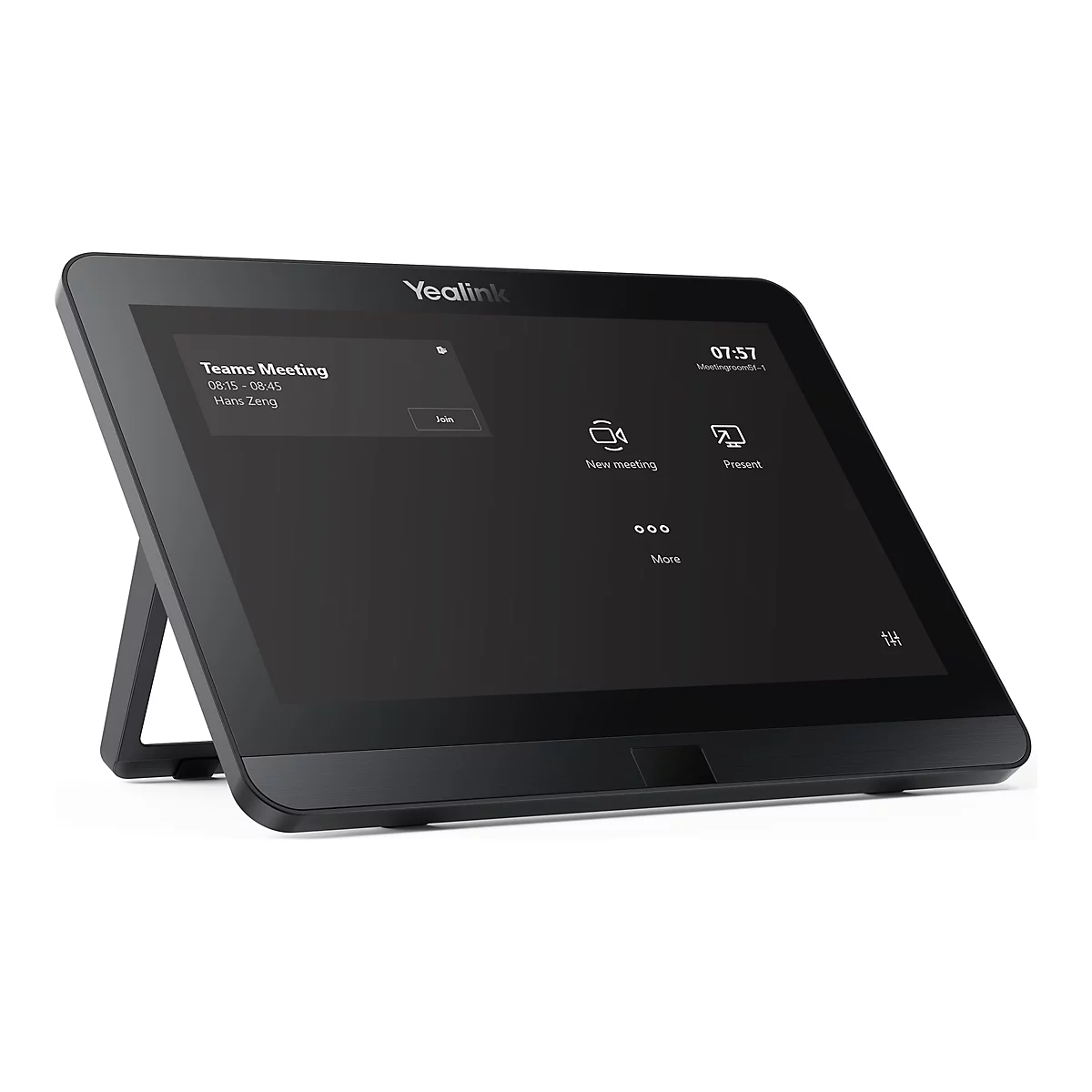 Ein schwarzes Yealink-Konferenzgerät mit Touchscreen. Auf dem Bildschirm sind Informationen zu einem Team-Meeting, Uhrzeit und Schaltflächen für neue Meetings, Präsentationen etc. dargestellt.
