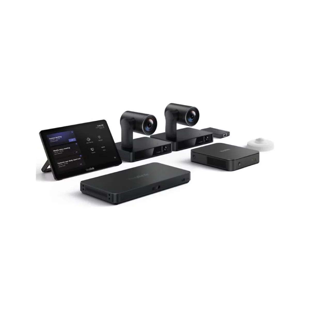 Système de visioconférence noir en plusieurs parties, tablette avec interface utilisateur, caméras, modules.