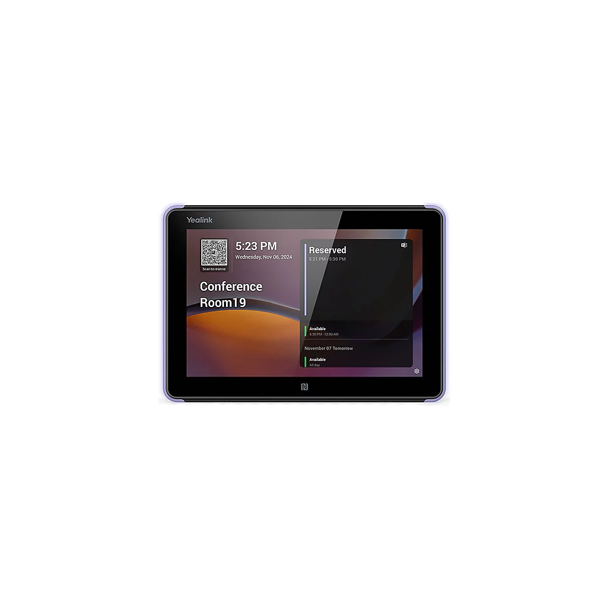 Yealink Tablet mit Uhrzeit, Reservierungsanzeige und Konferenzraumangaben. Reserviert von 17:21 bis 17:30 Uhr.