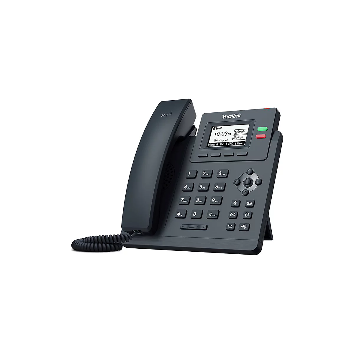 Schwarzes Yealink IP-Bürotelefon mit Display, Tastenfeld und Hörer auf weißem Hintergrund.