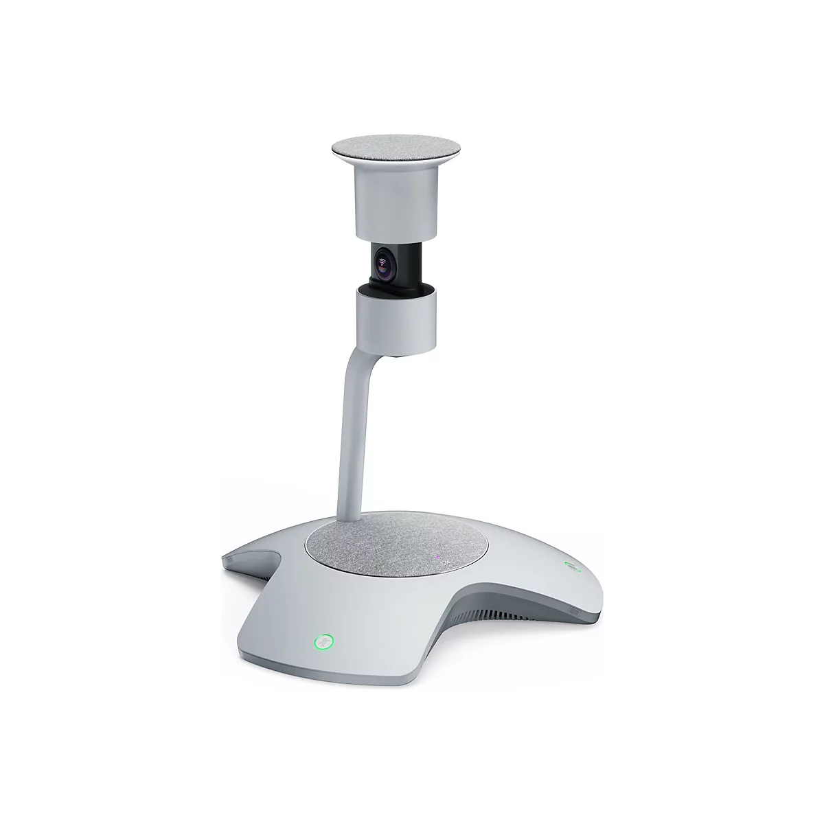 Caméra de visioconférence grise avec microphone. La caméra est posée sur un bras incurvé au-dessus d'une base ronde et plate.