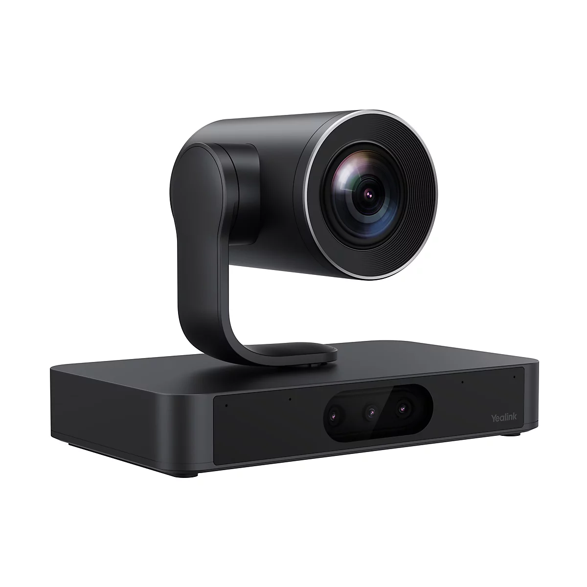 Schwarze Videokonferenzkamera mit abgerundeten Formen, auf weißem Hintergrund.