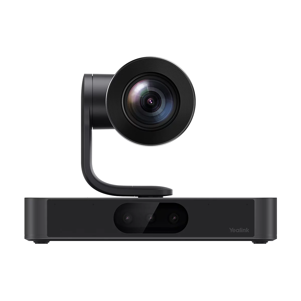 Eine schwarze Videokonferenzkamera mit rundem Objektiv, die auf einem Sockel steht. Der Schriftzug "Yealink" ist sichtbar.
