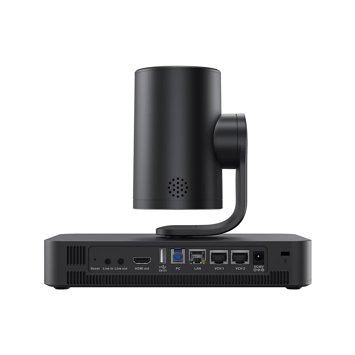 Schwarze Videokonferenzkamera mit zylindrischem Kopf, montiert auf einer rechteckigen Basis mit Anschlüssen. Der Hintergrund ist weiß.