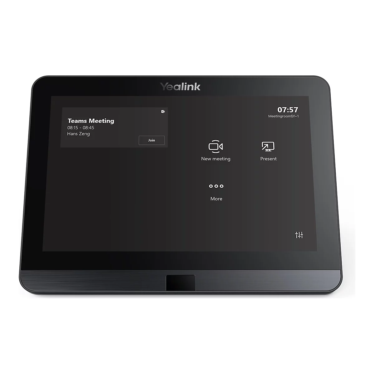 Un appareil de conférence Yealink noir avec écran tactile affiche une notification de réunion Teams et plusieurs options.