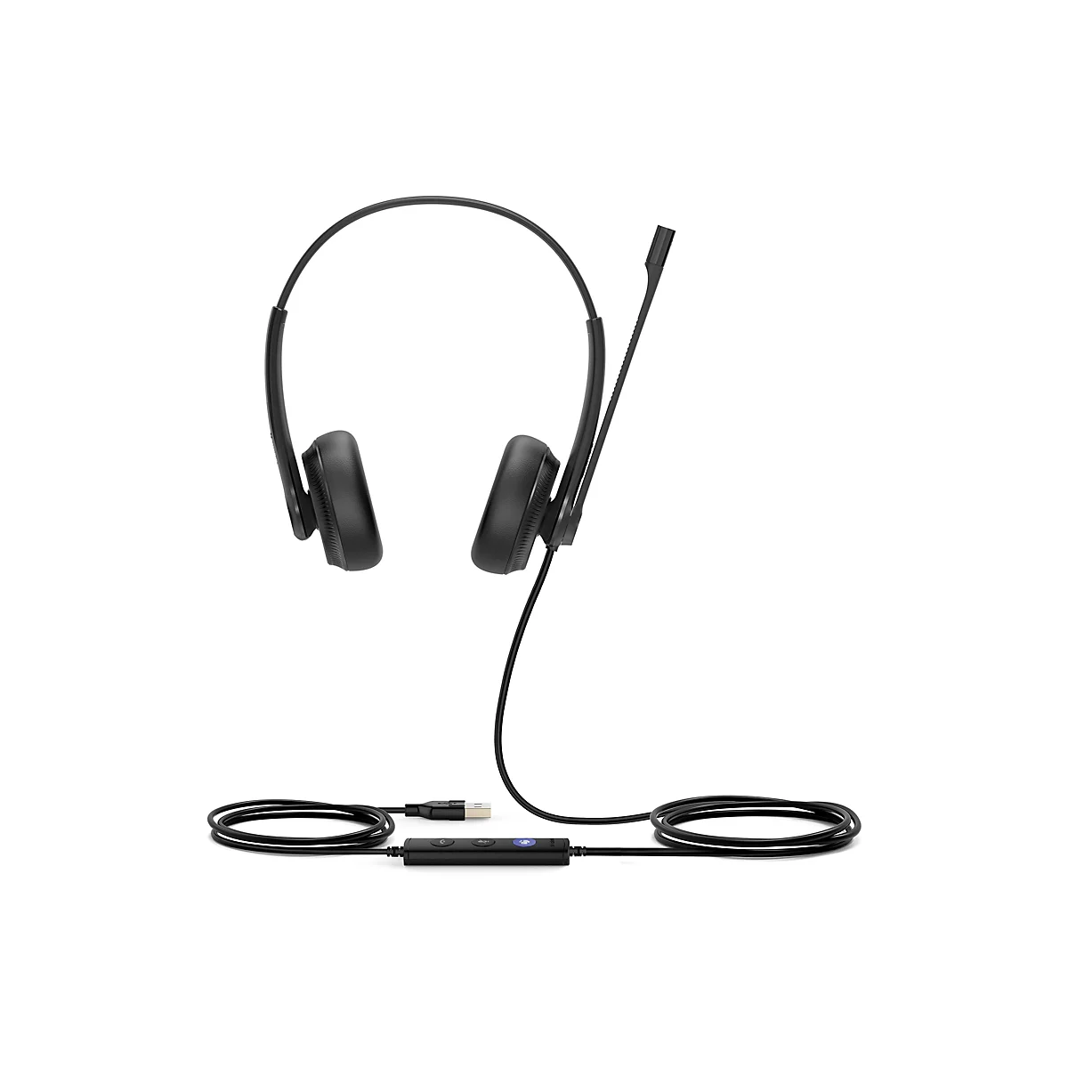 Schwarzes Headset mit Mikrofon. Es hat einen KopfbÃ¼gel und zwei Ohrmuscheln. Ein Kabel mit Steuerung und USB-Anschluss fÃ¼hrt nach unten.