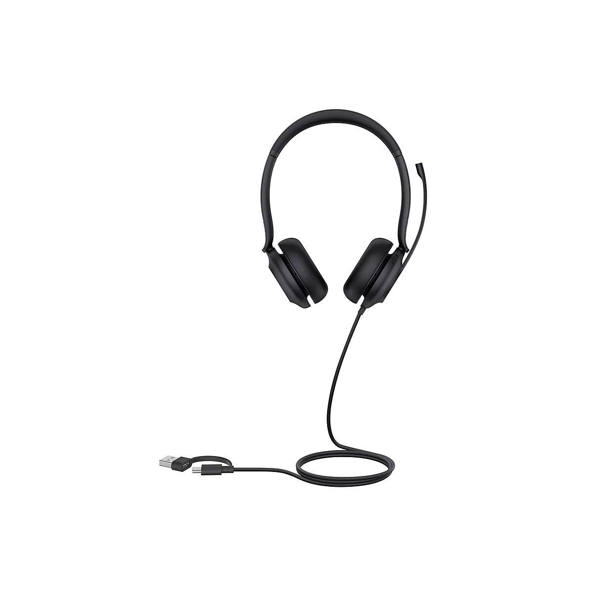 Schwarzes Headset mit Mikrofon und Kabel, vor weiÃŸem Hintergrund.