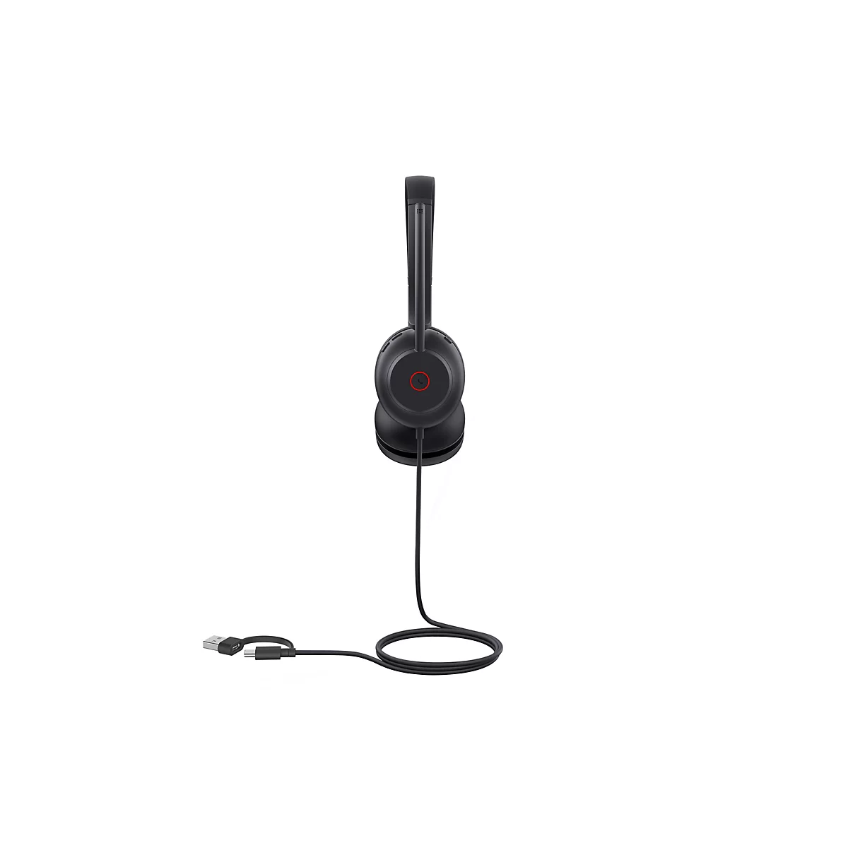 Schwarzer KopfhÃ¶rer mit Kabel, USB-Anschluss, vor weiÃŸem Hintergrund.