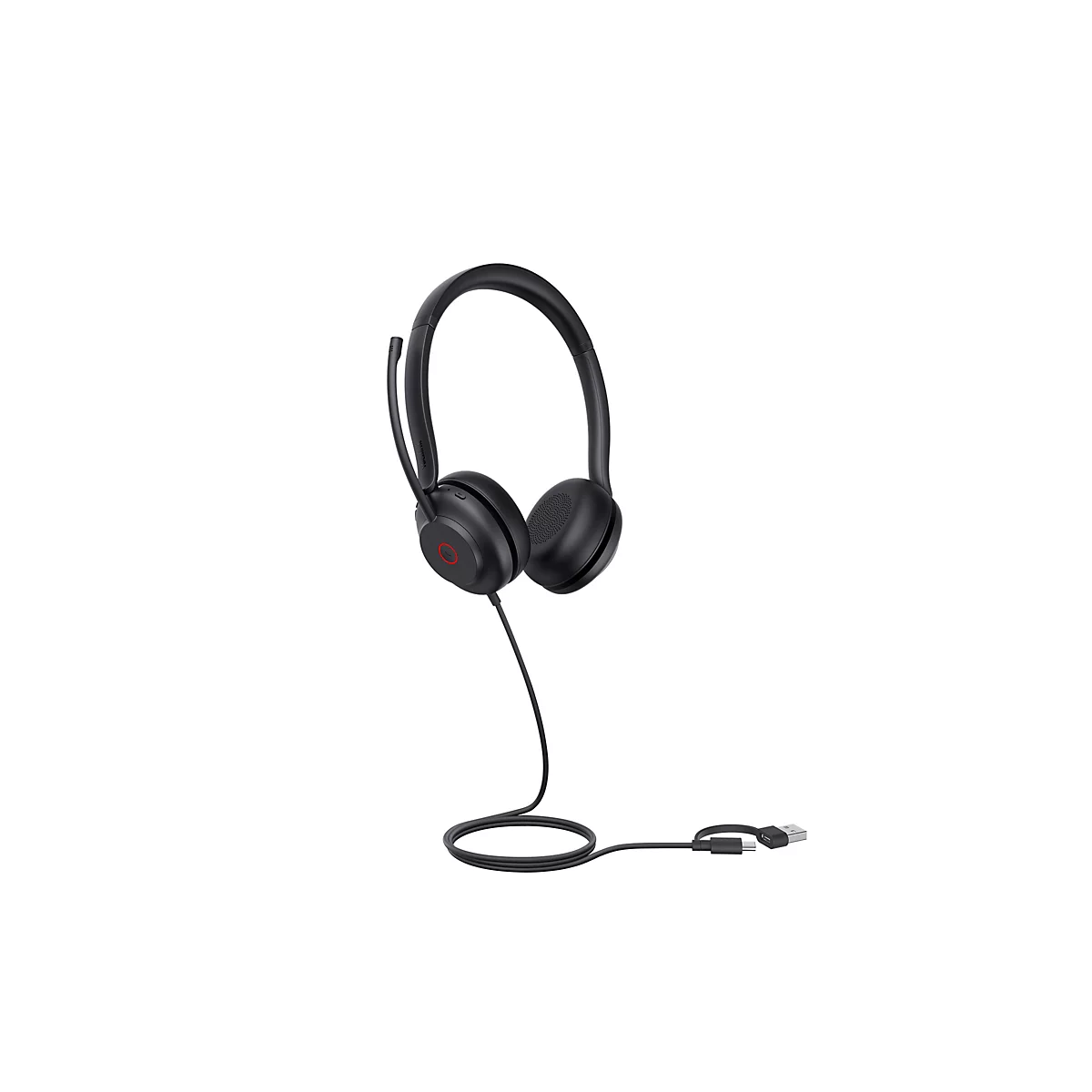 Schwarzes Headset mit Mikrofon auf weiÃŸem Hintergrund. Am Headset ist ein Kabel mit USB-Anschluss angebracht.