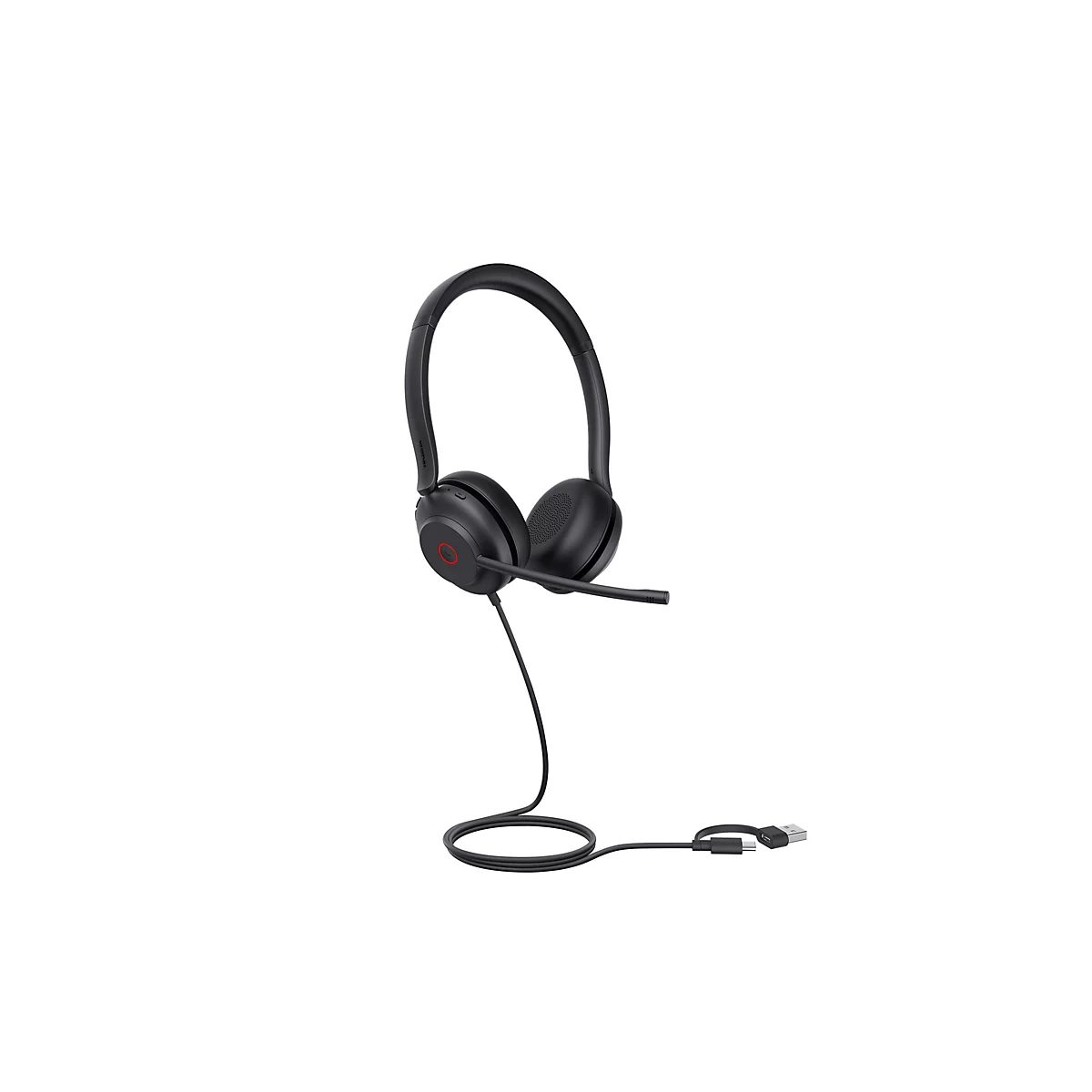 Schwarzes Headset mit BÃ¼gel und Mikrofon. USB-Anschluss.