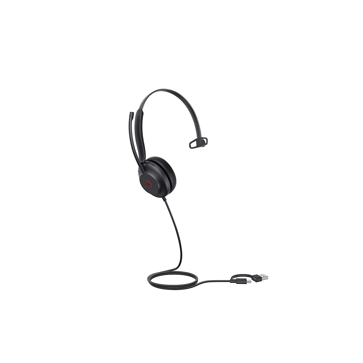 Schwarzes Headset mit Mikrofon, das an ein Kabel und USB-Anschluss angeschlossen ist.