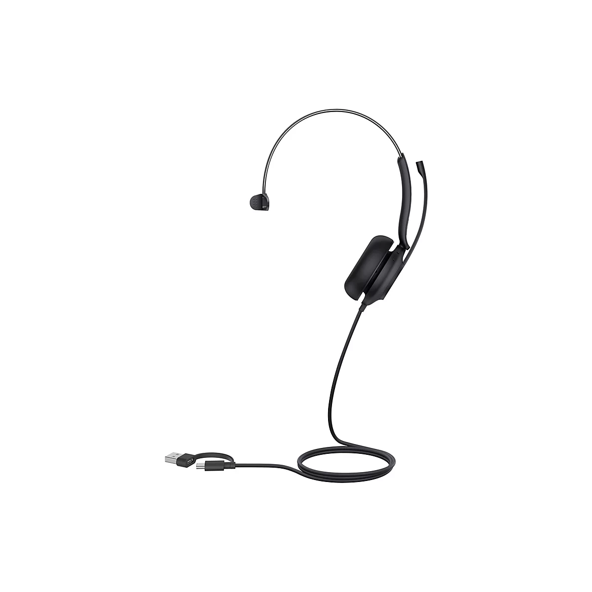 Schwarzes Headset mit Mikrofon vor weiÃŸem Hintergrund. Der MikrofonbÃ¼gel ist silber, die OhrhÃ¶rer und das Kabel sind schwarz.