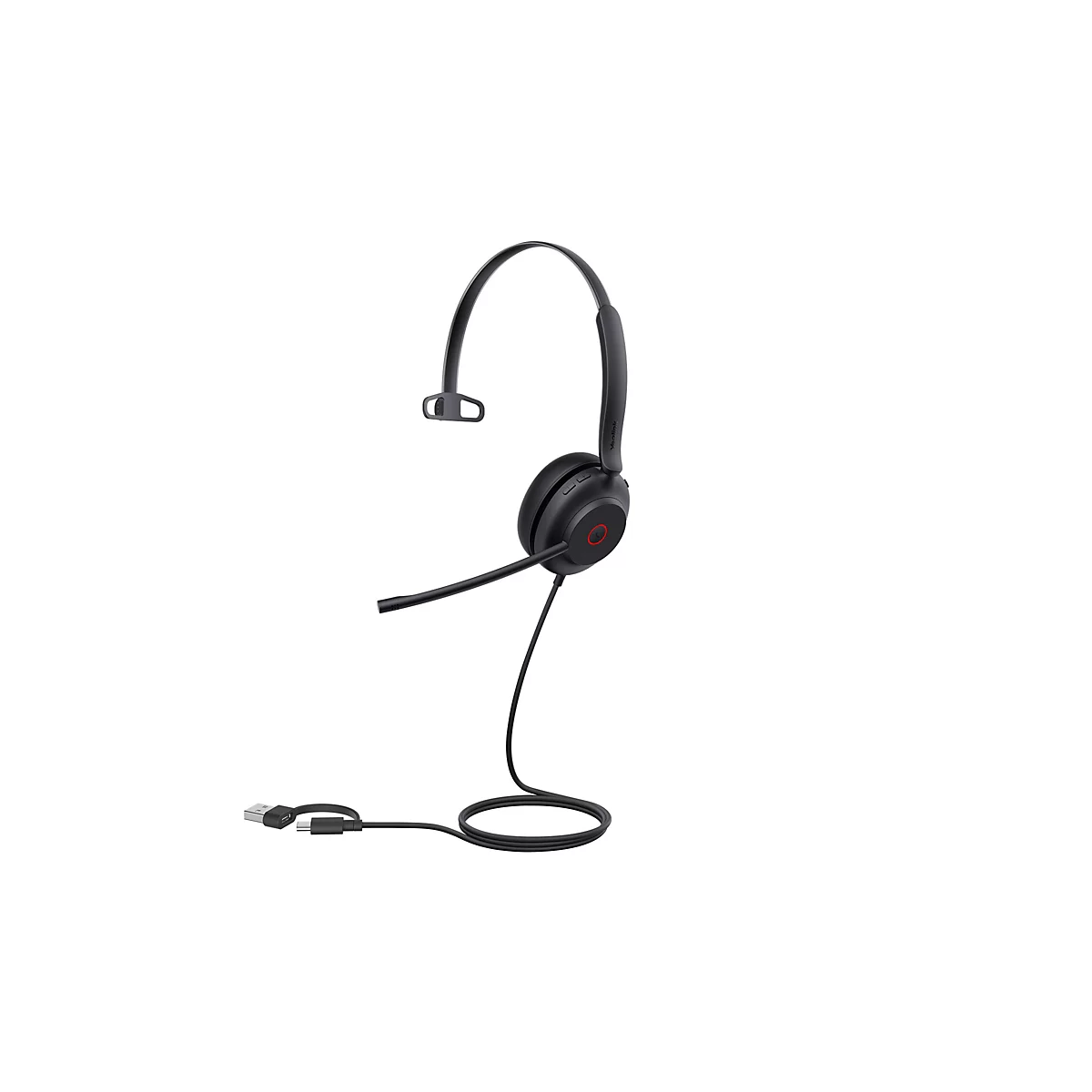 Schwarzes Headset mit Mikrofon vor weiÃŸem Hintergrund. Der KopfbÃ¼gel verlÃ¤uft Ã¼ber den Kopf, der HÃ¶rer liegt am Ohr.