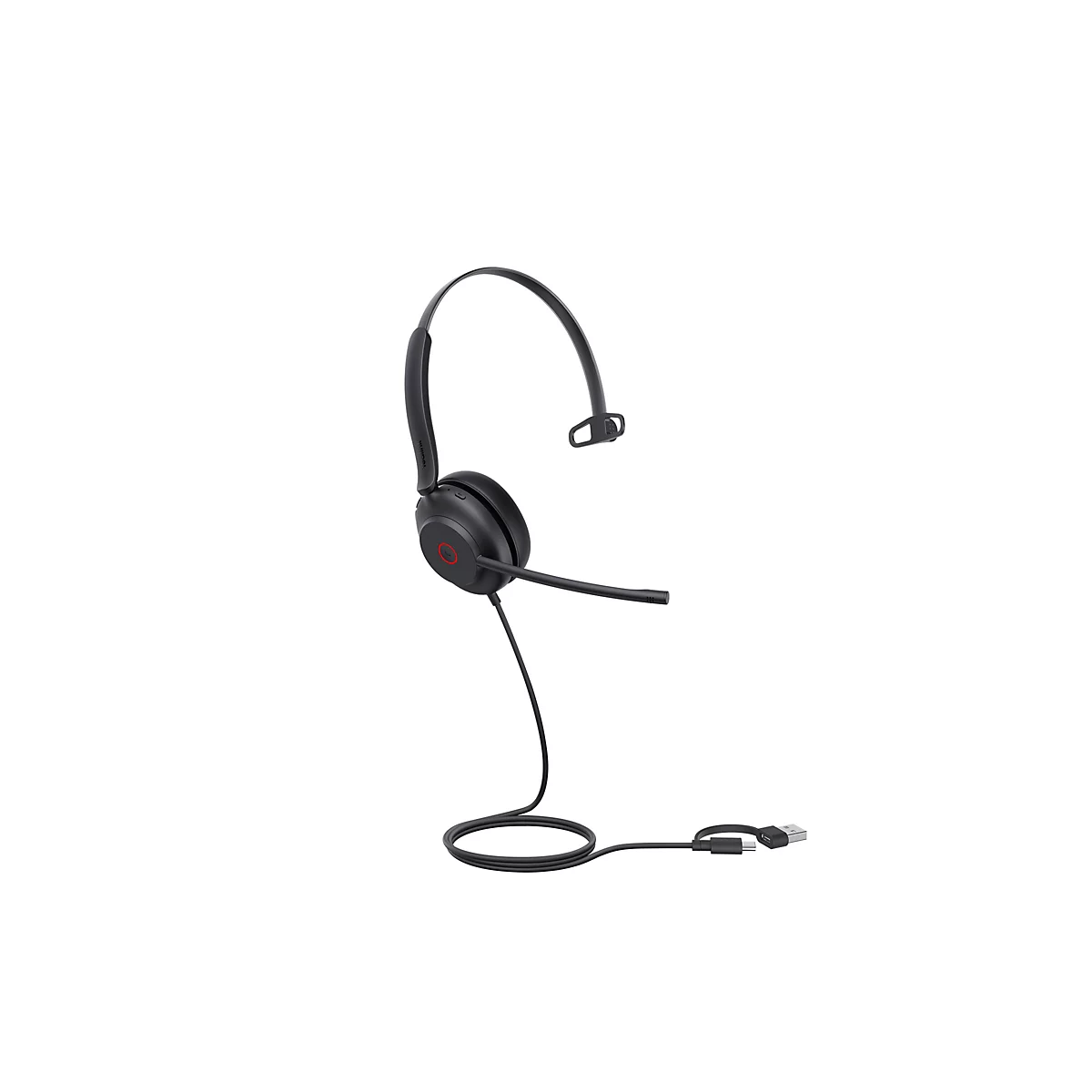 Schwarzes Headset mit Mikrofon. Ein OhrhÃ¶rer, Mikrofon und Kabel. Der Hintergrund ist weiÃŸ.