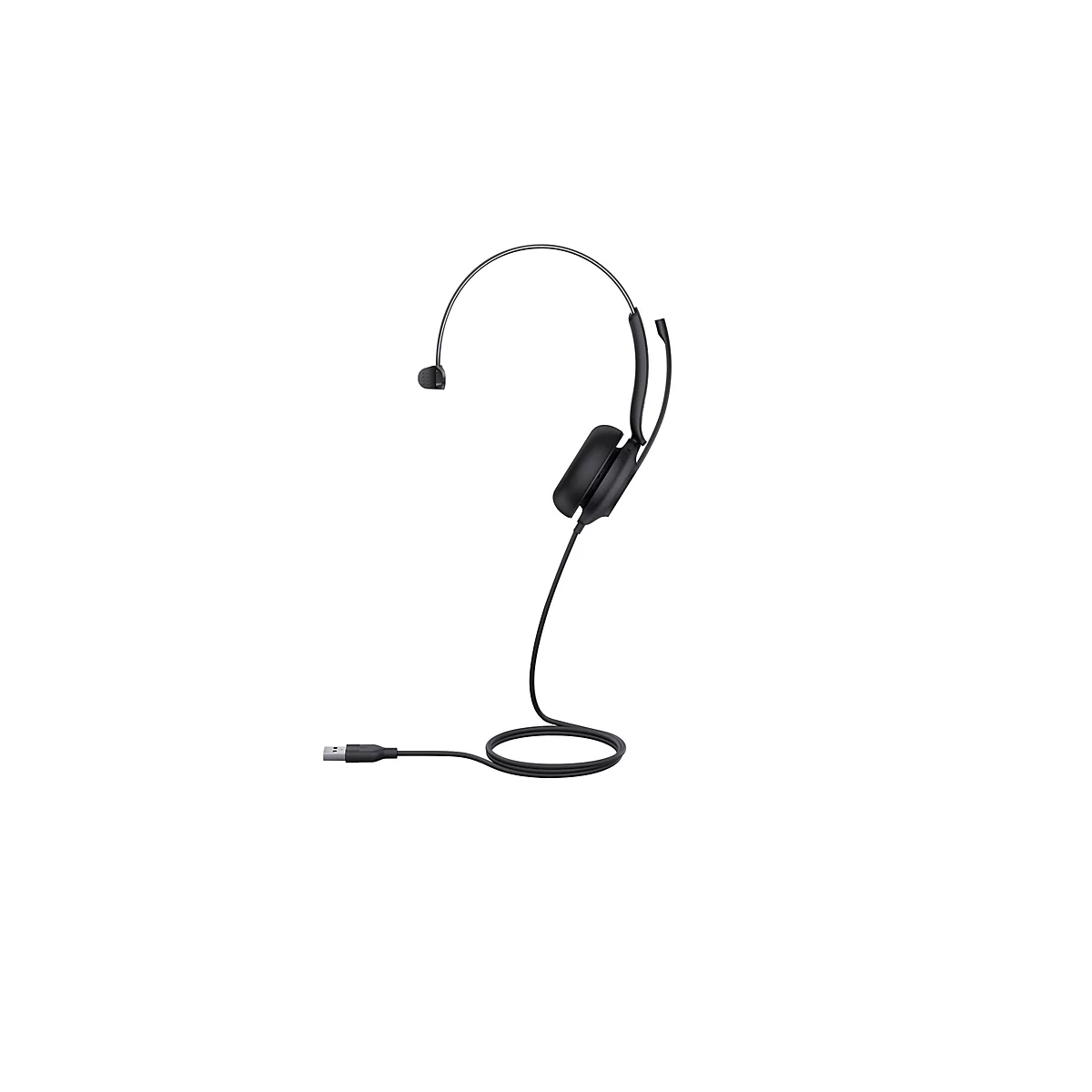 Ein schwarzes Headset mit Mikrofon und USB-Anschluss, vor weiÃŸem Hintergrund.