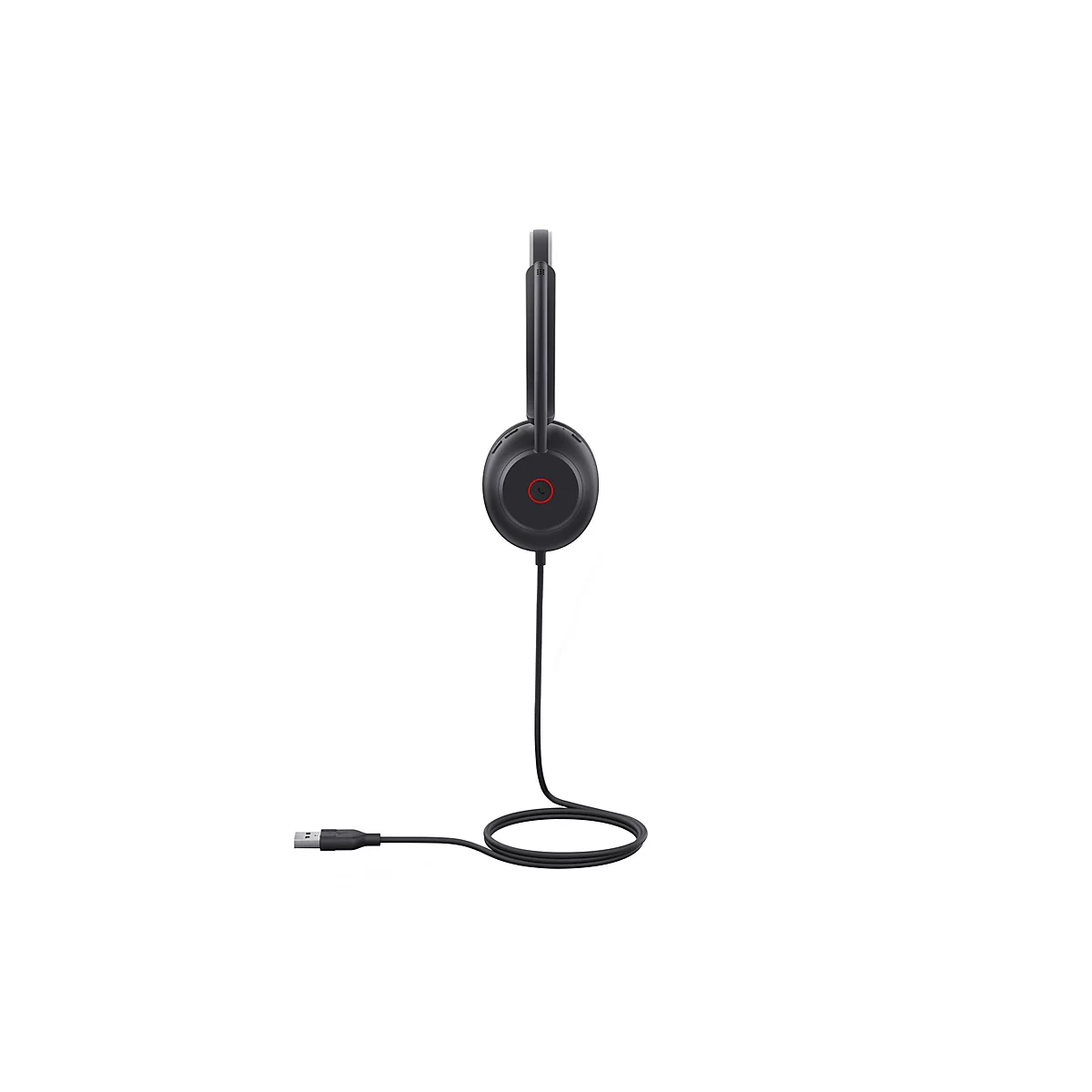 Schwarzes Headset mit USB-Anschluss. Die Ohrmuschel hat ein rotes Logo.