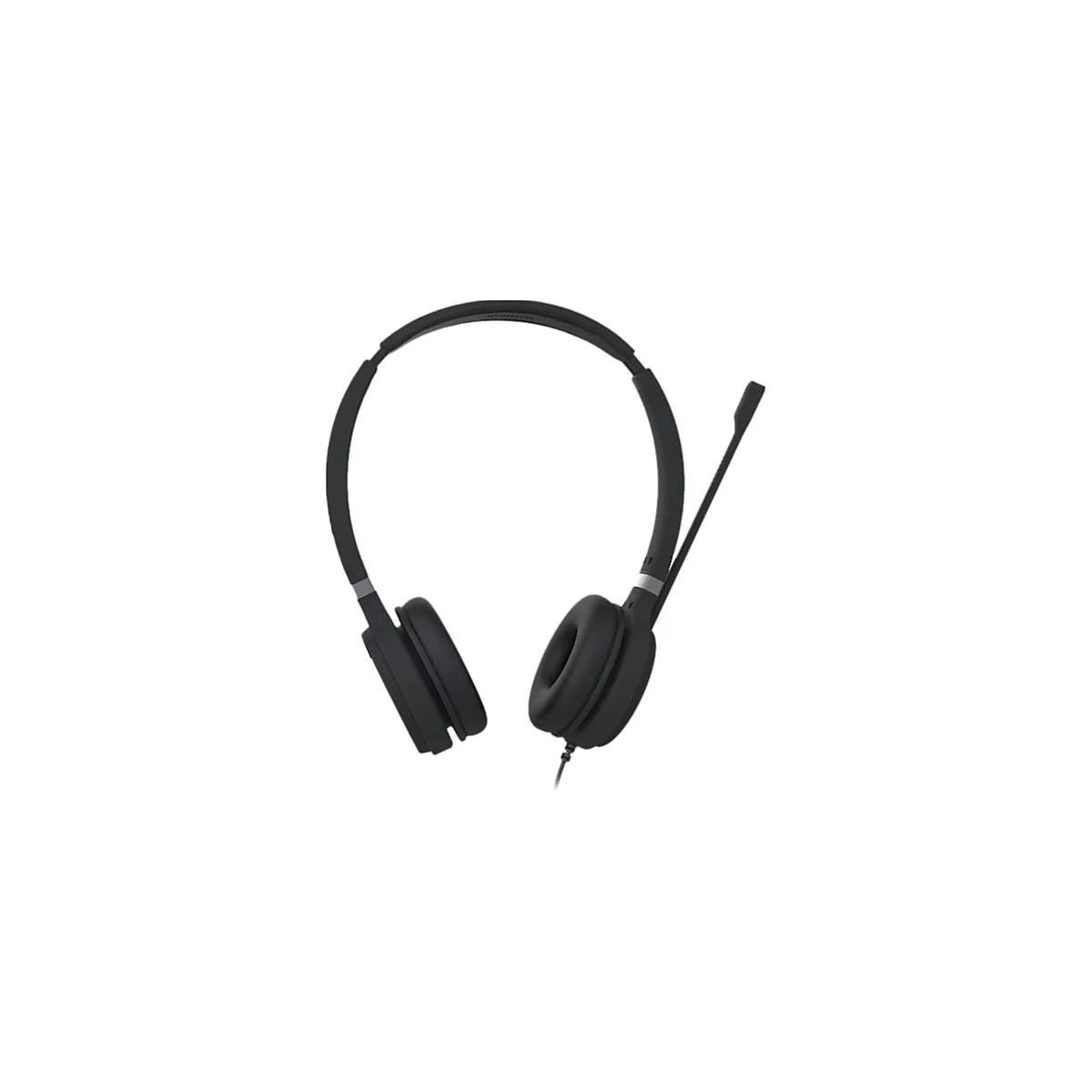 Schwarzes Headset mit Mikrofon, das auf weiÃŸem Hintergrund platziert ist.
