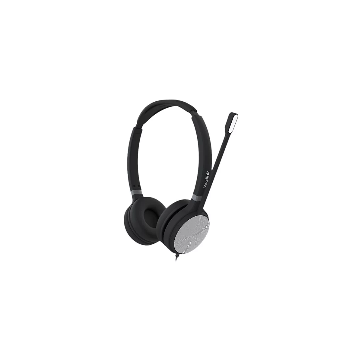 Schwarzes Headset mit silbernen Ohrmuscheln und Mikrofon. Aufschrift Yealink.