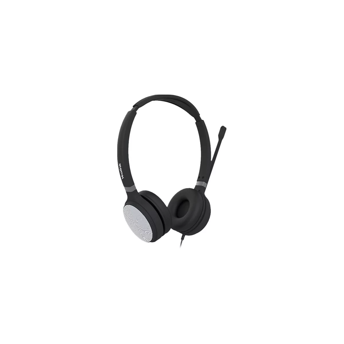 Schwarzes Headset mit Mikrofon, Marke Yealink, silberfarbener OhrhÃ¶rer, weiÃŸer Hintergrund.