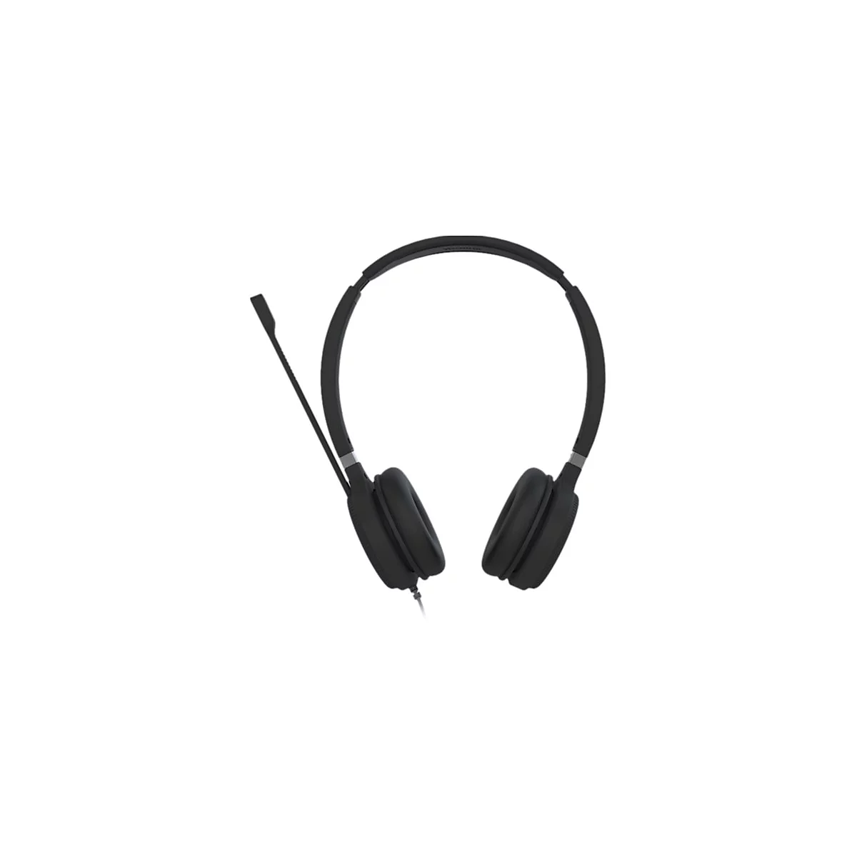 Schwarzes Headset mit Mikrofon, Nahaufnahme vor weiÃŸem Hintergrund.