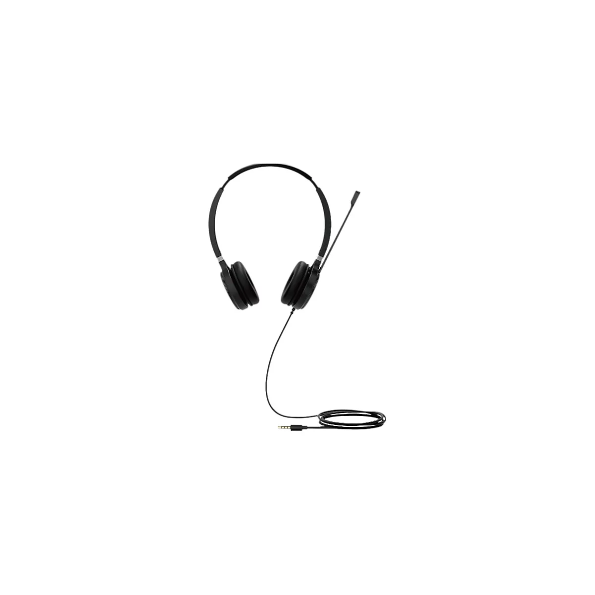 Schwarzes Headset mit BÃ¼gel und Mikrofon, Kabel zum Klinkenstecker.