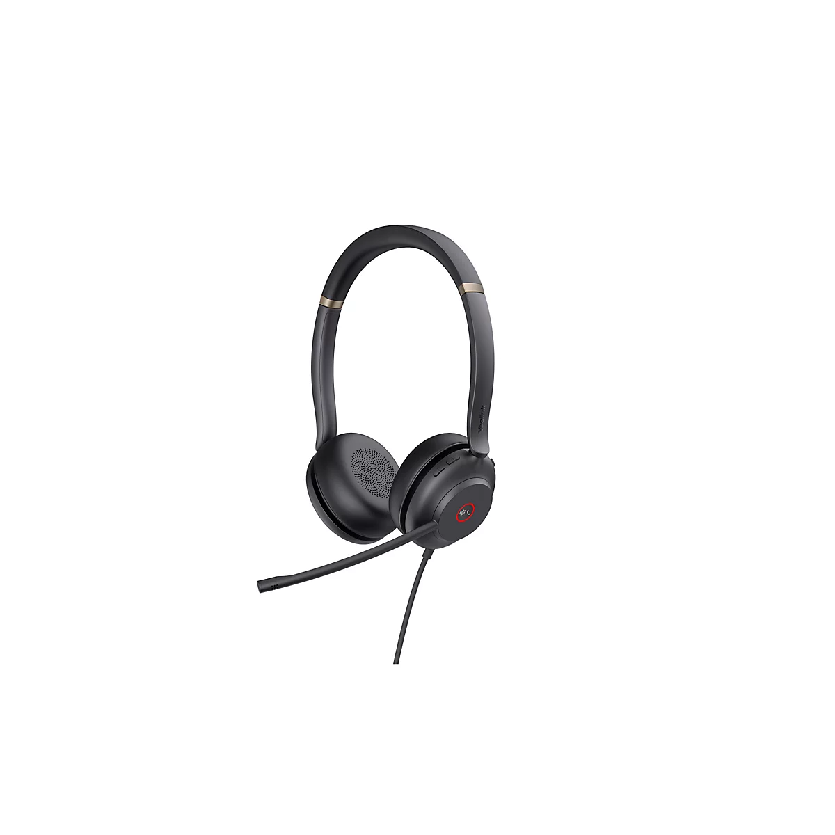 Schwarzes Headset mit Mikrofon, detailreiche Ansicht. Oben am Bügel goldfarbene Akzente. Auf weißem Hintergrund.