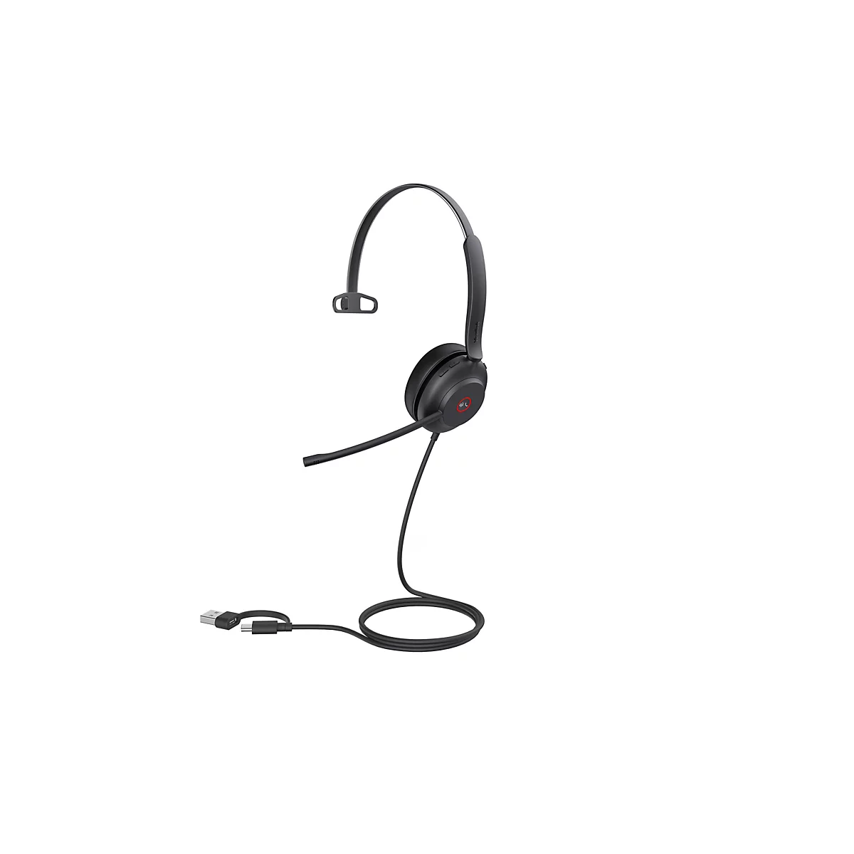 Ein schwarzes Headset vor weißem Hintergrund. Es hat einen Bügel, der über den Kopf geht, und ein Mikrofon, das sich nach unten erstreckt. Ein Kabel mit USB- und USB-C-Anschluss ist ebenfalls zu sehen.