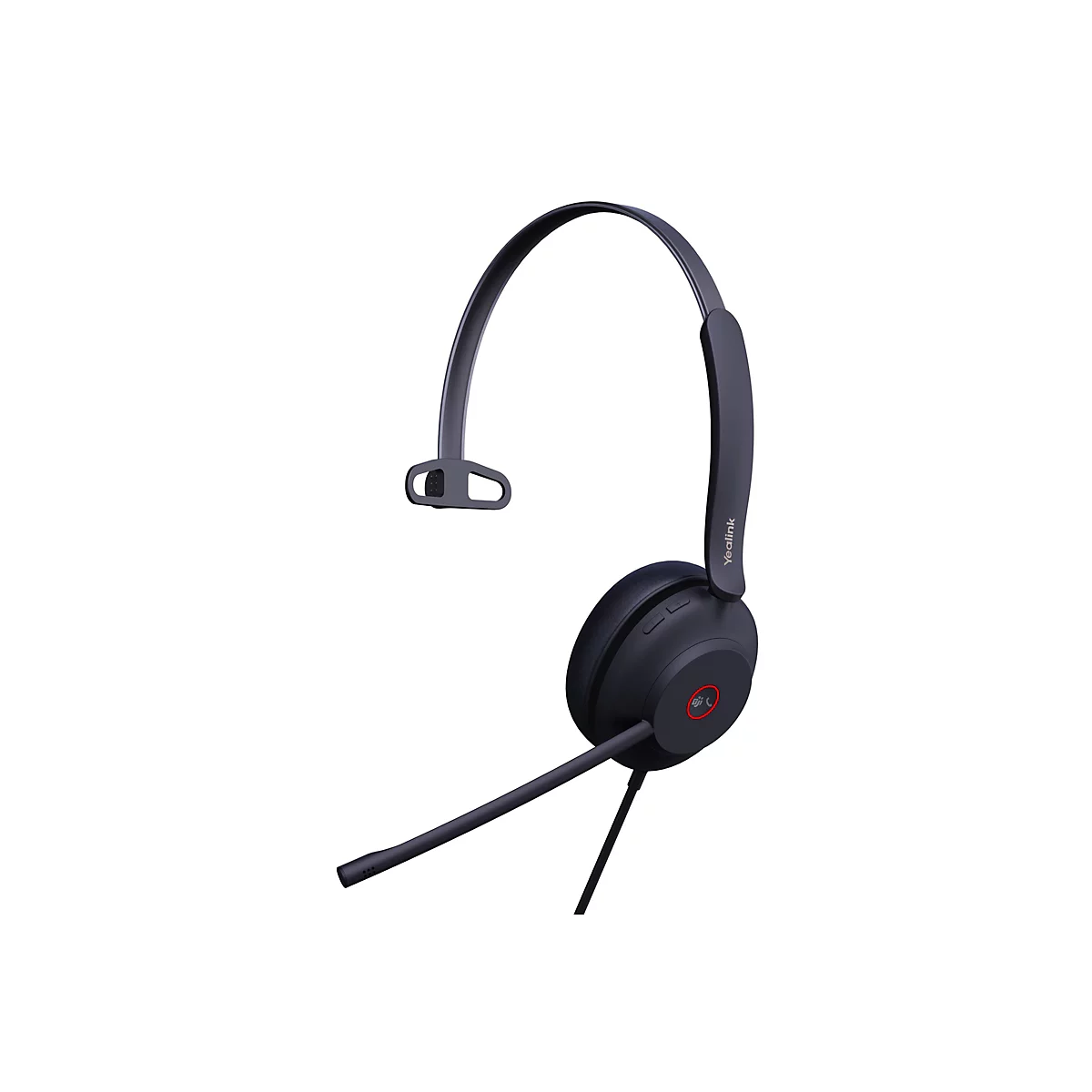 Dunkelgraues Headset mit Mikrofon, Logo Yealink, roter Knopf.
