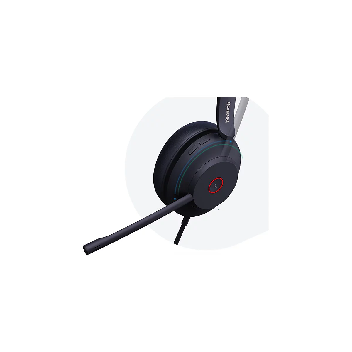 Dunkelblaues Headset mit Mikrofon, rotem Anruf-Symbol. Marke: Yealink.