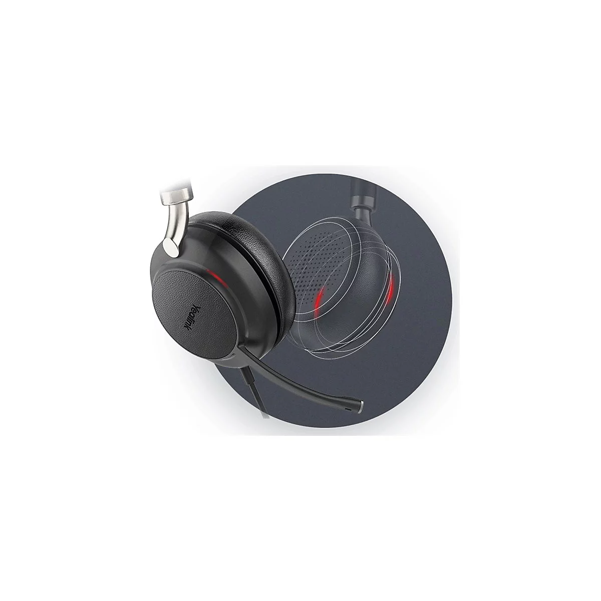 Schwarzes Headset mit silbernen Akzenten. Der BÃ¼gel ist silberfarben. Ein Mikrofon ragt heraus. Auf der Ohrmuschel ist Yealink zu lesen. Angedeutete Wellenlinien.