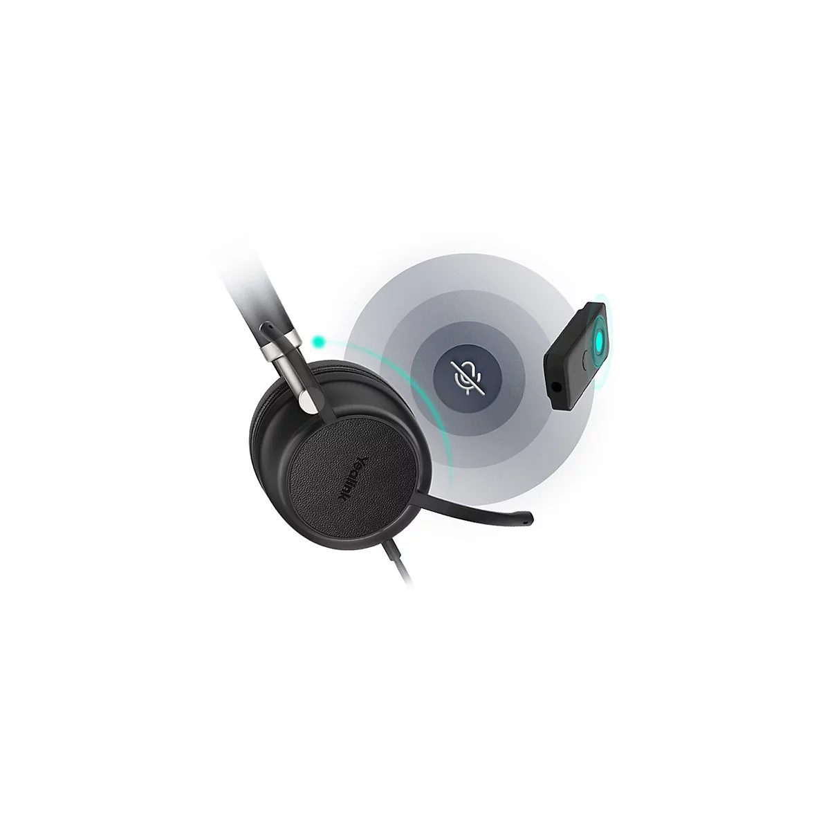 Schwarzes Headset mit Mikrofon und Mute-Symbol. Rechts daneben ein EmpfÃ¤nger. Die Farbe ist schwarz.