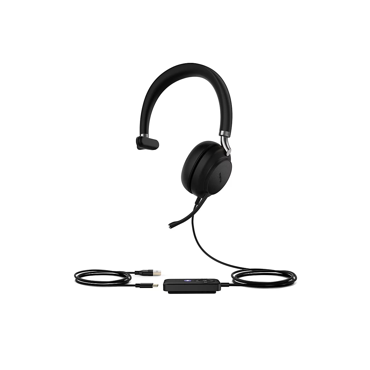 Schwarzes Headset mit Mikrofon, Kabel und Steuerungselementen auf weiÃŸem Hintergrund.