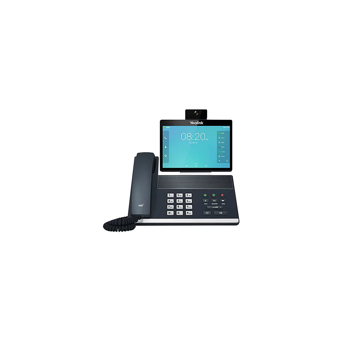 Un téléphone vidéo Yealink avec écran tactile, combiné HD et caméra intégrée. L'écran affiche l'heure 08:20.