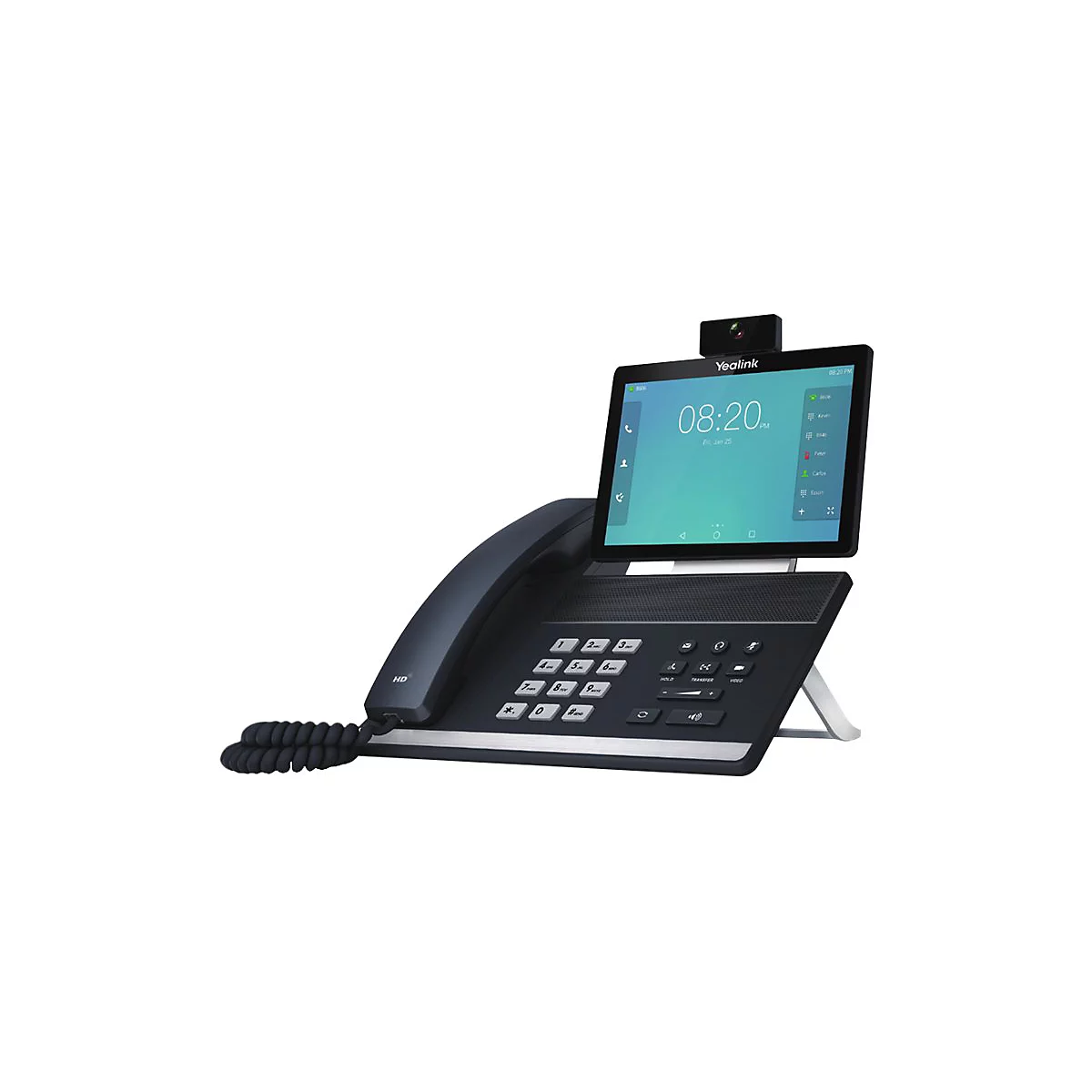 Téléphone vidéo noir avec écran tactile, webcam et pavé numérique. L'heure 08:20 est affichée à l'écran.